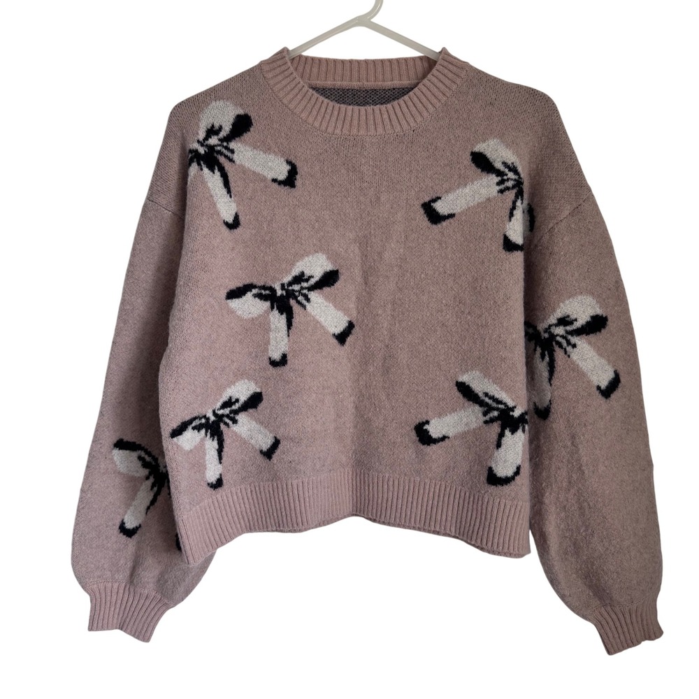 Champagne Rose Sweater with Bows Crew Neck Ribbed Detail Women's Size Small